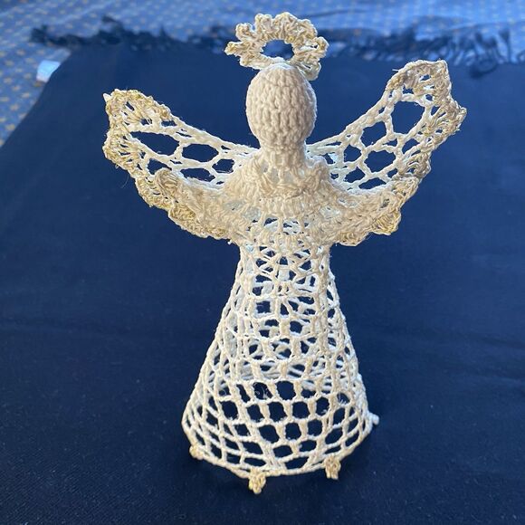 Vintage Starched Ivory Crochet Christmas Angel. Tree Topper. Decor. 5”x10” USA. - Picture 7 of 7